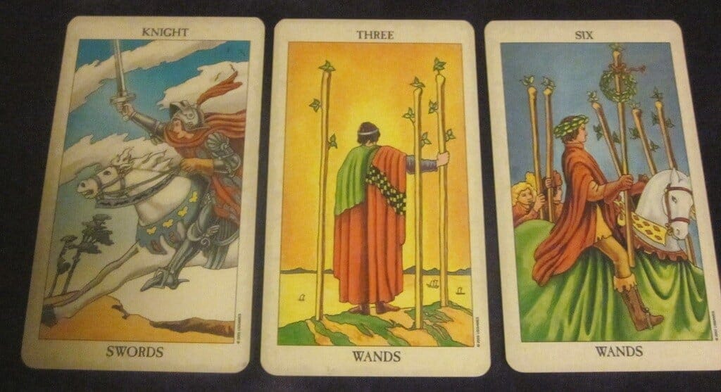 Everyday Tarot, 07/21/11:  Cows, on the Way Home | Knight Swords, 3 Wands, 6 Wands