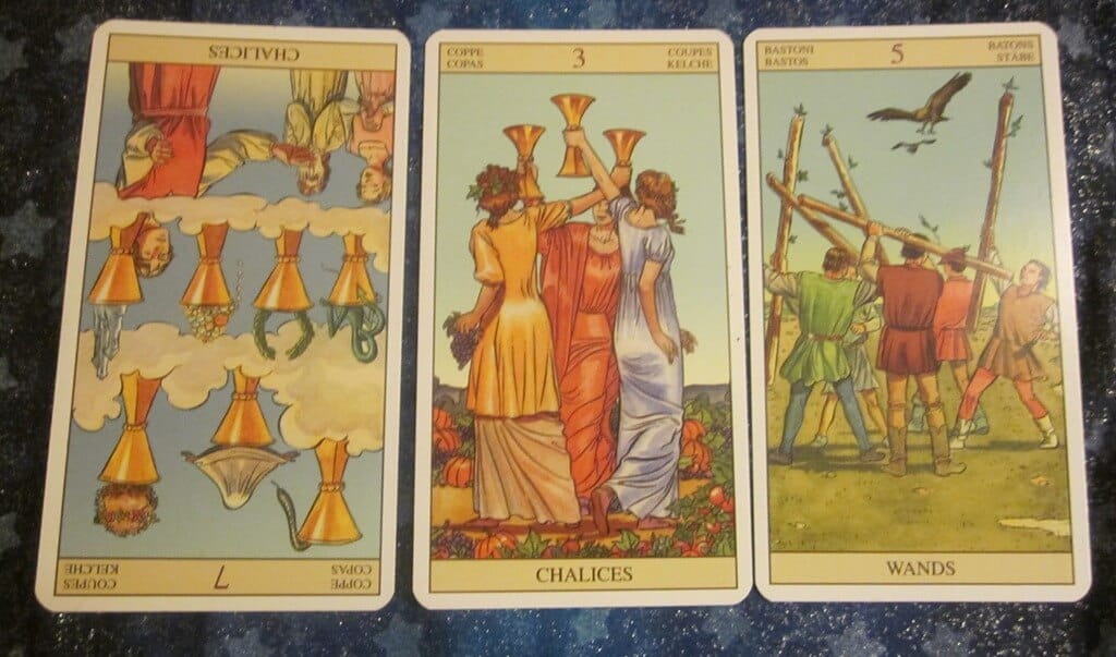 08/19/11: Bouncing Back from Poor Choices | Reversed Seven of Cups, Three of Cups, Five of Wands