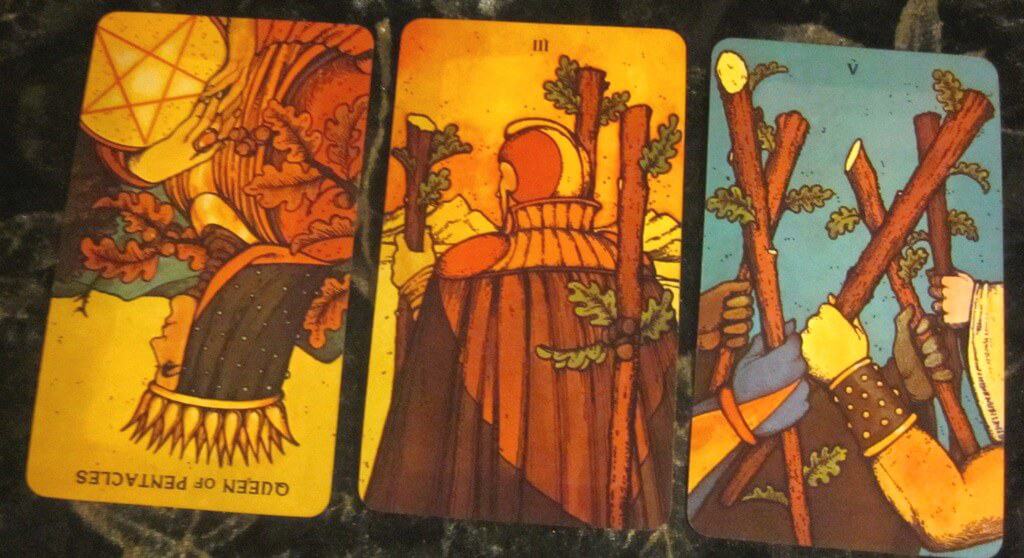 10/10/11: Staying on-Task | Rev. Queen Pentacles, 3 Wands, 5 Wands