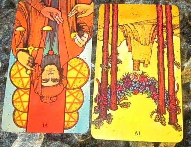 06/11/12: No Charity Dating | 6 of Pentacles rev, 4 Wands rev