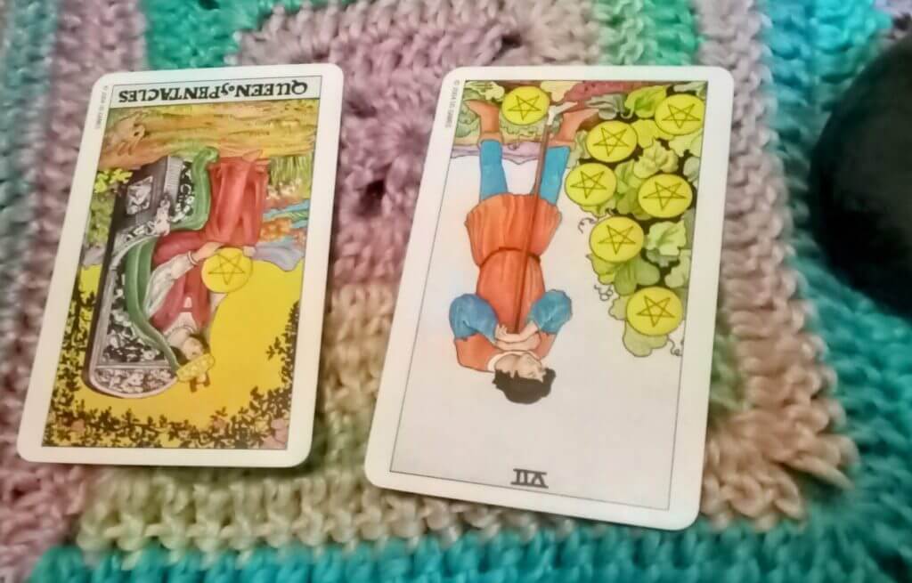 queen of pentacles reversed seven of pentacles reversed