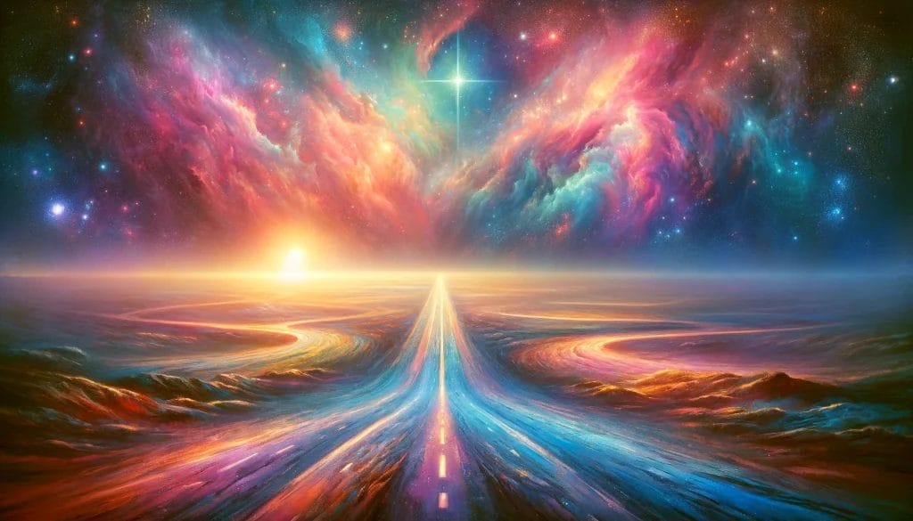 DALL·E 2024 02 25 19.54.39 A wide horizontally oriented image featuring a mystical crossroads rendered in colorful pastels similar to those found in nebula pictures to repres