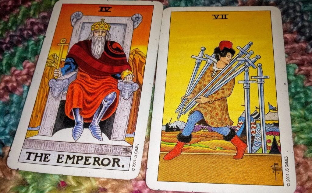 Emperor and 7 of Swords: Confidence vs. Cunning Emperor and 7 of Swords: Confidence vs. Cunning Everyday Tarot