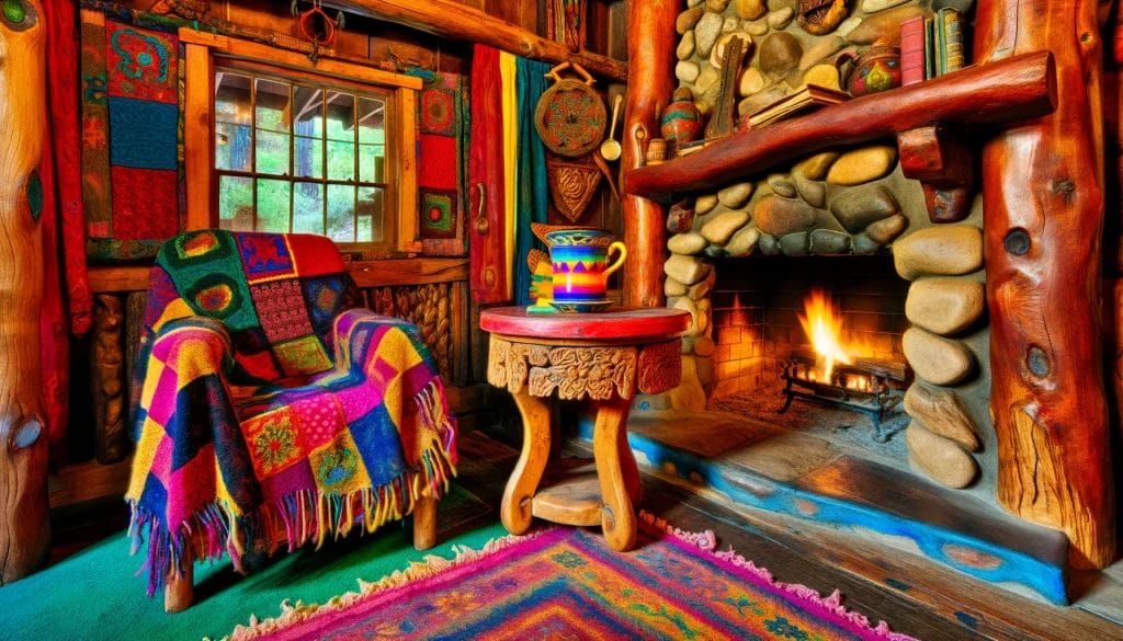 DALL·E 2024 03 03 14.26.33 A vividly rustic cabin scene bursting with color and character featuring a cozy nook by a roaring fireplace. In this nook a plush chair draped with