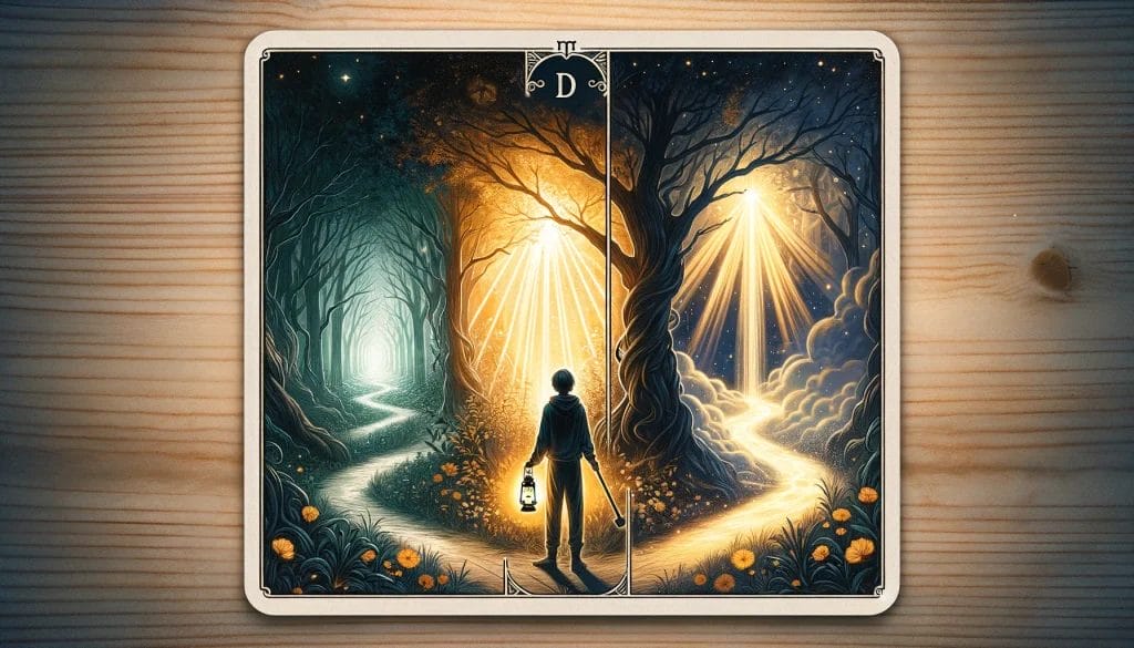 DALL·E 2024 03 17 17.55.24 An image depicting a person standing at a crossroads in a mystical forest holding a lantern that casts light on two distinct paths. One path leads to