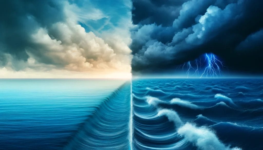 DALL·E 2024 03 30 18.16.27 A visually striking image where calm serene waters on one side transition into turbulent stormy waves on the other. This represents the emotional tr