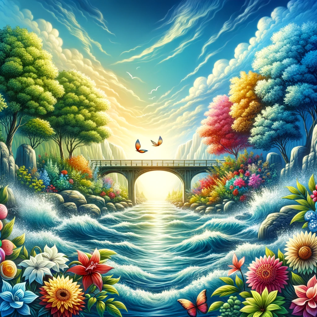 DALL·E 2024 04 06 16.24.13 An illustration of a bridge over troubled waters with a focus on the far side of the bridge being adorned with vibrant colorful flowers and lush gre