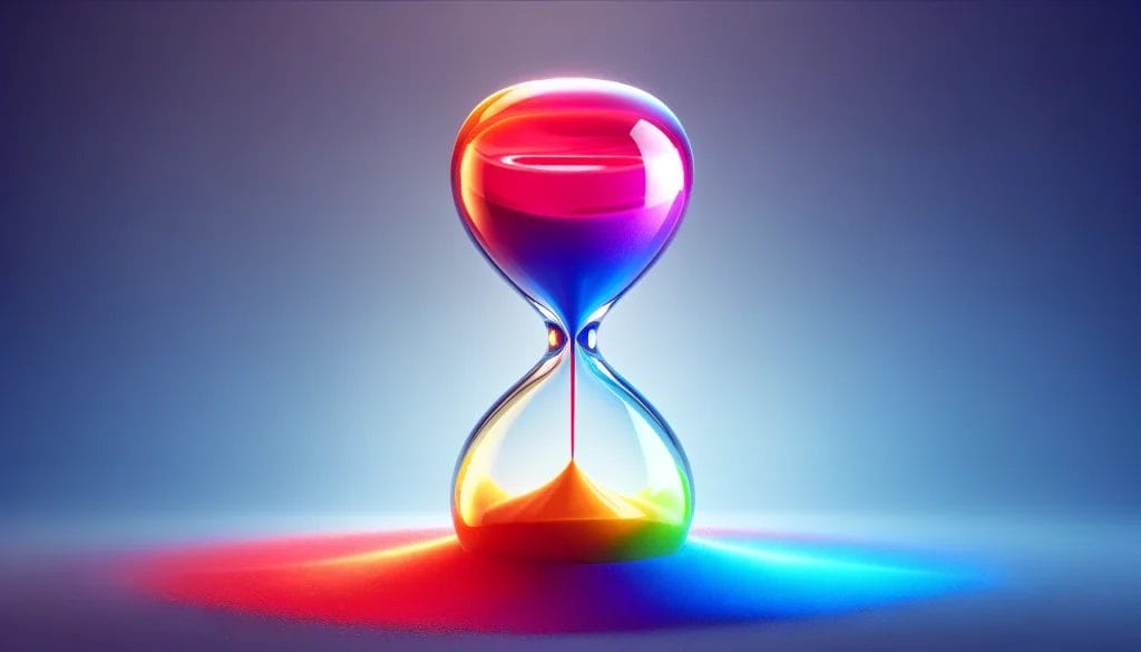 DALL·E 2024 04 14 18.34.20 A vibrant hourglass with colorful sand flowing through symbolizing the passage of time while waiting for the right moment. The hourglass is set again