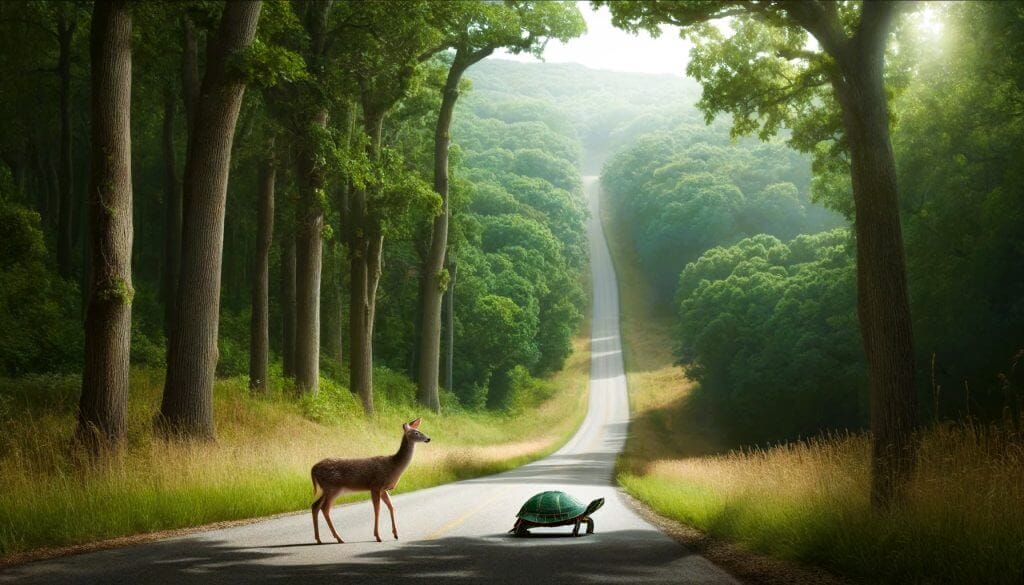 DALL·E 2024 05 04 17.57.46 A serene rural scene depicting a country road next to a dense forest of thick oak and pine trees similar to those found in Missouri. The road should