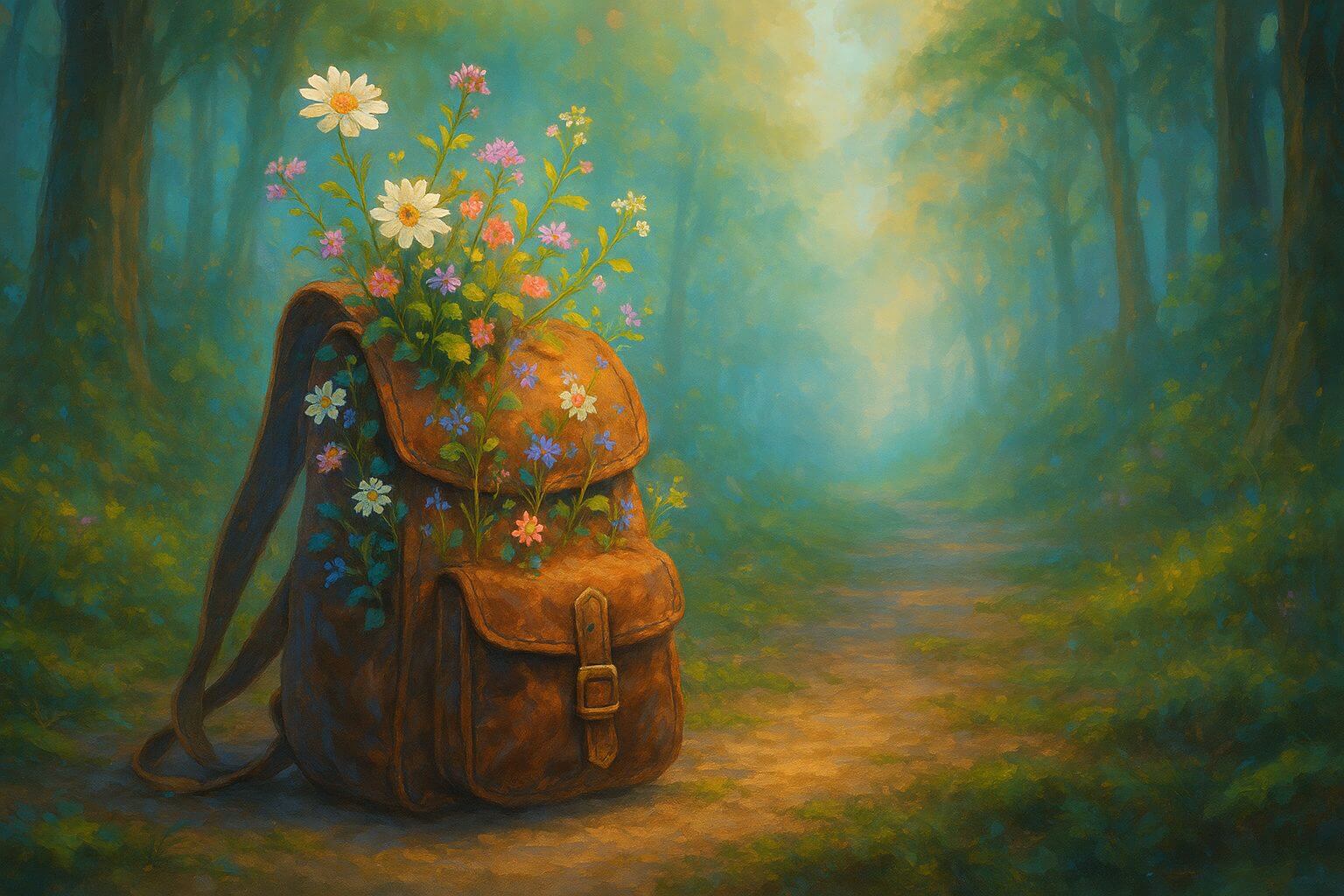 A weathered leather backpack sits on a sunlit forest path, with colorful wildflowers blooming from its seams. Surrounded by mist and glowing golden light filtering through the trees, the scene blends nature and magical realism, symbolizing transformation and purposeful burden.