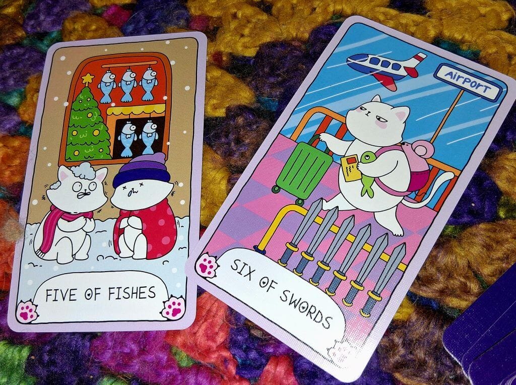 5 of Pents, 6 of Swords: Picking Up the Pieces five of fishes and six of swords from meow tarot