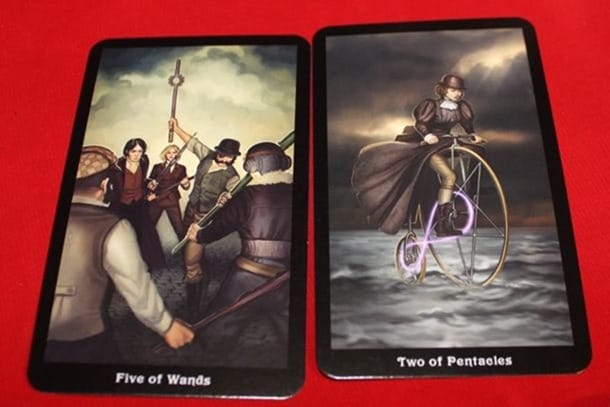 Five of Wands Two of Pentacles Steampunk Tarot